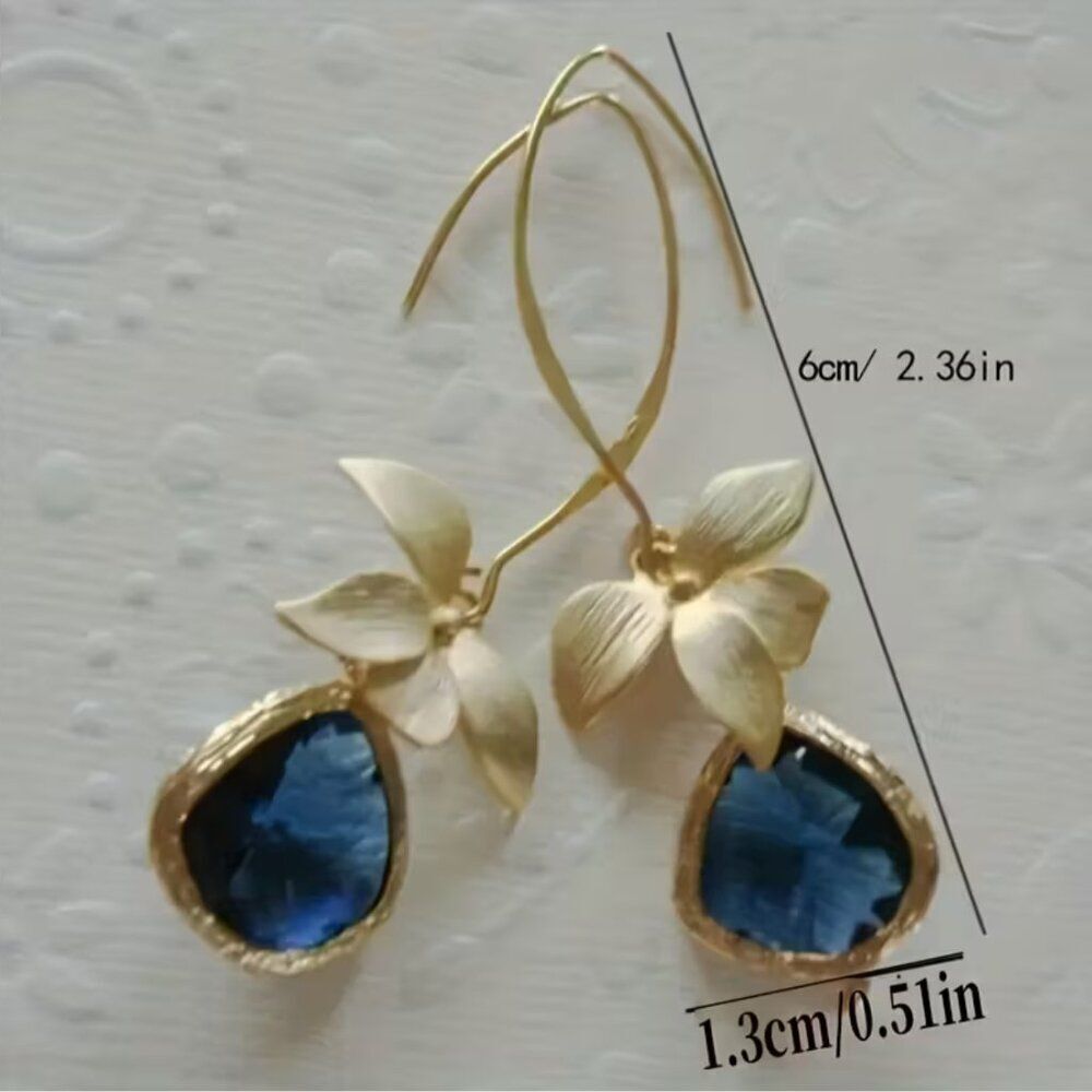 Earrings Sapphire Blue & Gold Orchid Catching Light Reflections "Love in Blues"